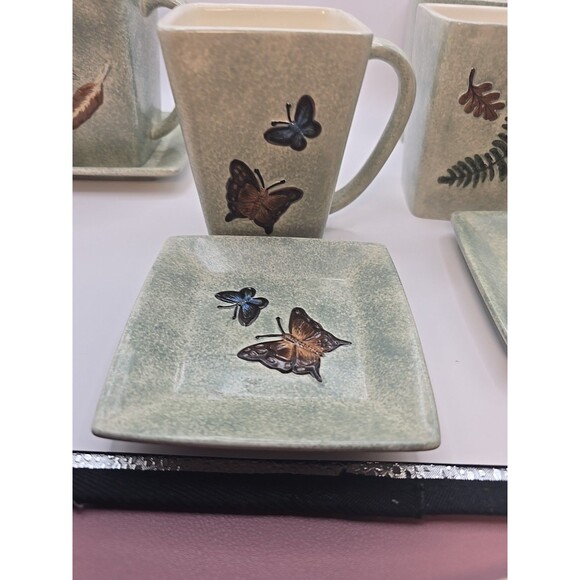 Set Of 4 MWW Market Plates 4.5” & Mugs Green Butterflies, Feather, Leaves, Acorn - Picture 6 of 8